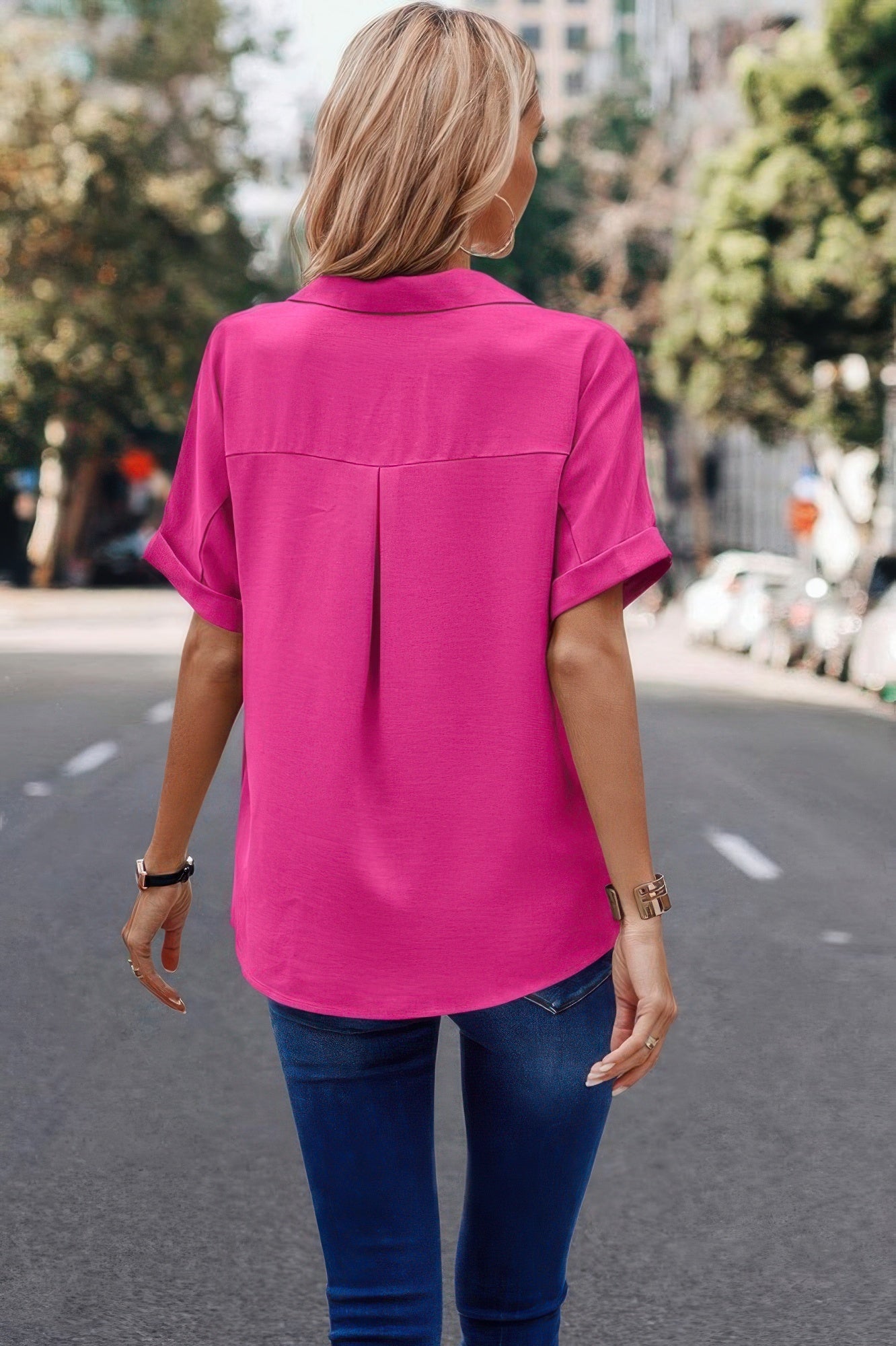 Dreamkue V Neck Button Down Roll Up Sleeve Loose Pocket Blouse