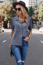 Dreamkue V Neck Button Down Roll Up Sleeve Loose Pocket Blouse