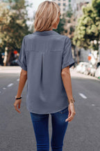 Dreamkue V Neck Button Down Roll Up Sleeve Loose Pocket Blouse