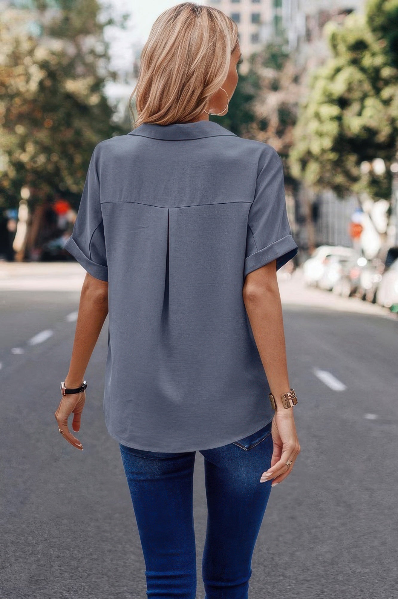 Dreamkue V Neck Button Down Roll Up Sleeve Loose Pocket Blouse