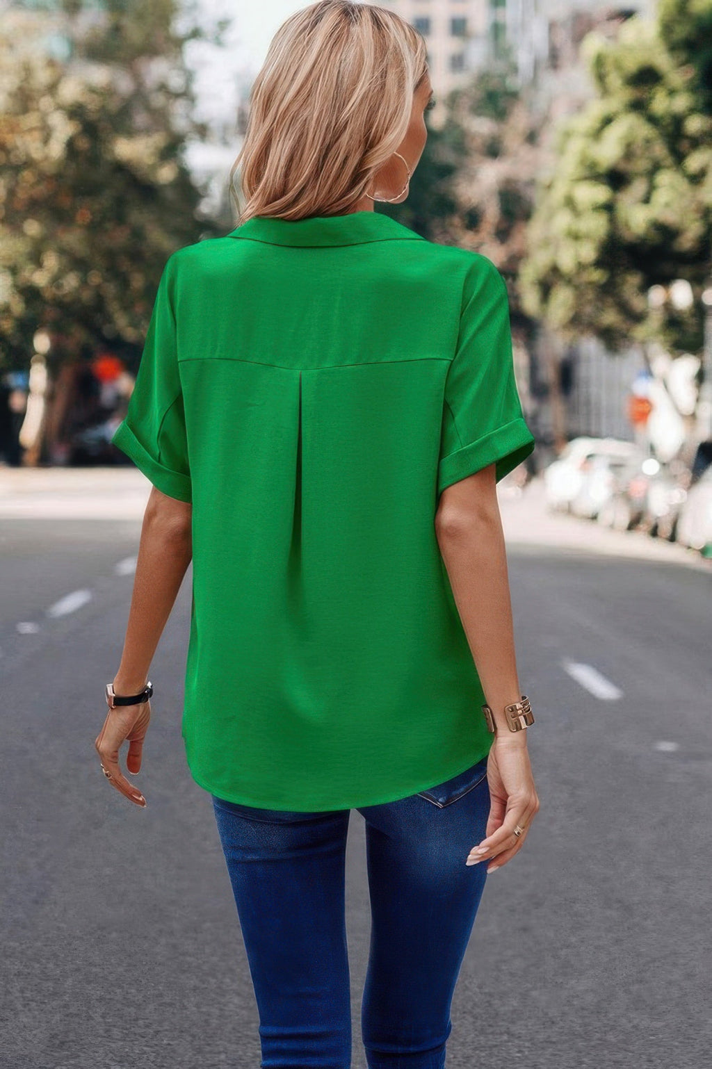 Dreamkue V Neck Button Down Roll Up Sleeve Loose Pocket Blouse