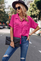 Dreamkue V Neck Button Down Roll Up Sleeve Loose Pocket Blouse