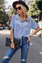 Dreamkue V Neck Button Down Roll Up Sleeve Loose Pocket Blouse
