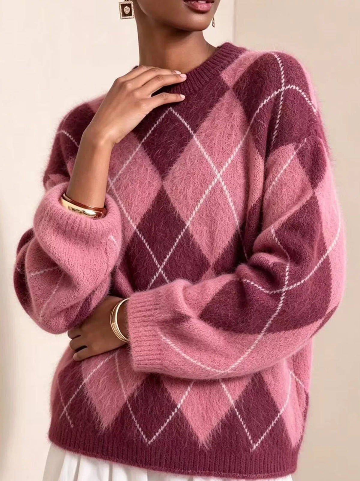 Fuzzy argyle knit sweater, fuchsia/pink with white diamond pattern, crew neck.