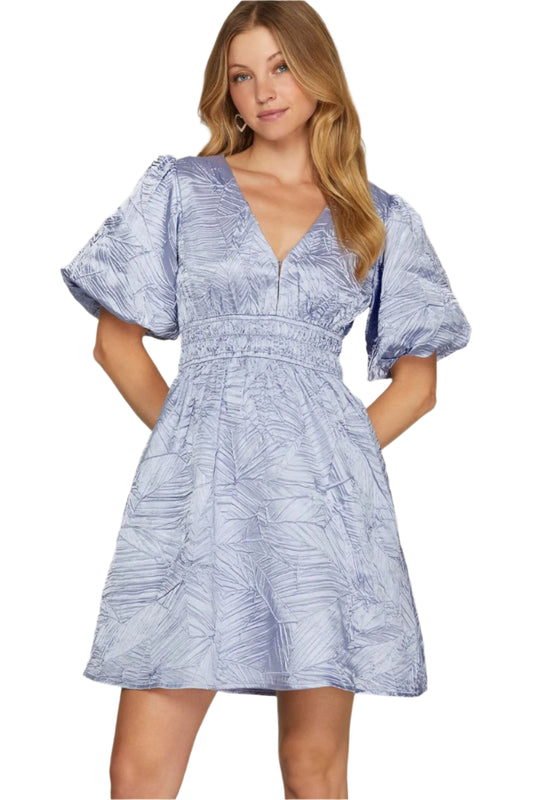She + Sky Crinkle Woven V-Neck Balloon Sleeve Mini Dress