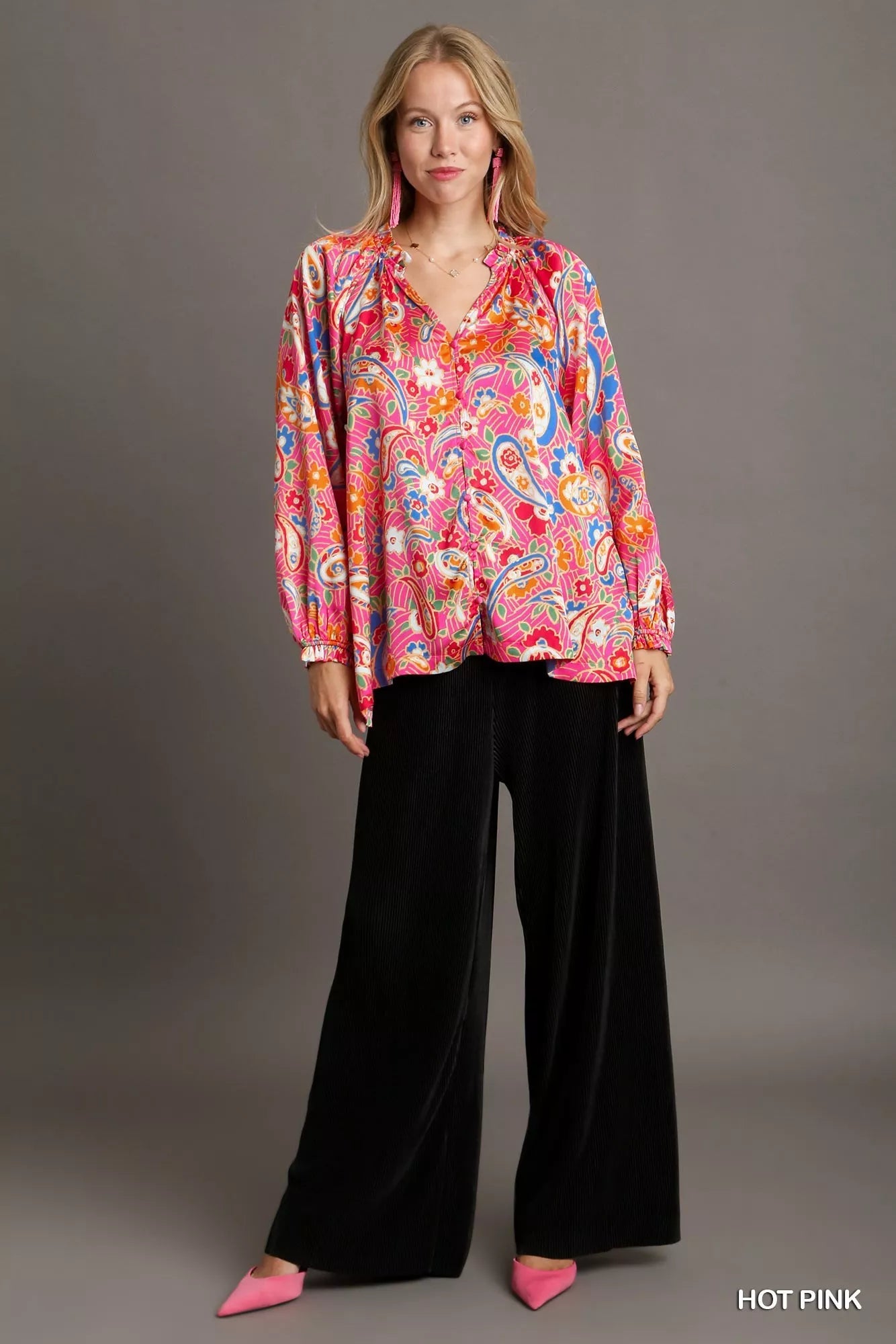 Satin Paisley Shirt – Vibrant Boho Ruffle Neck Blouse