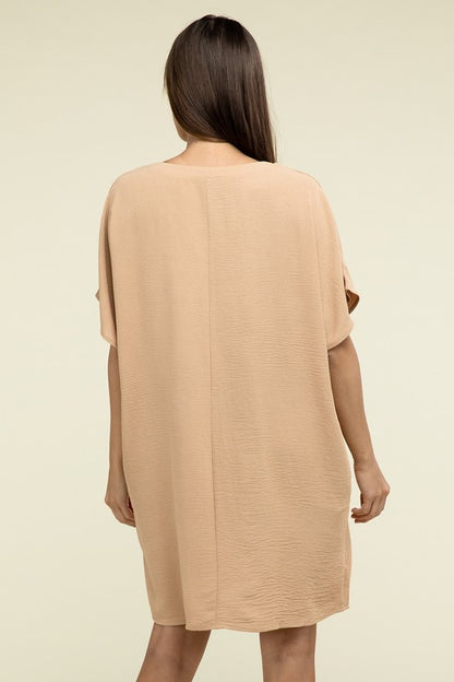 Zenana Woven Airflow V Neck T-Shirt Dress with Pockets