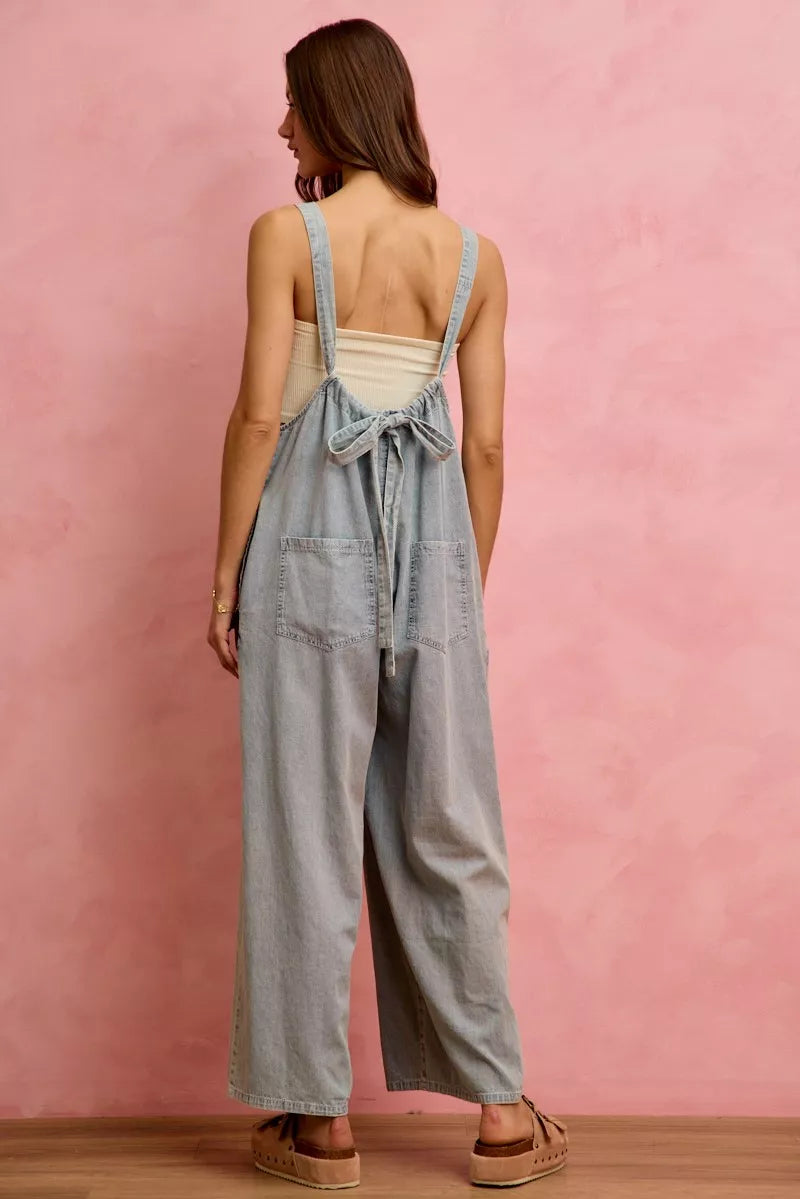 Light blue denim wide-leg overalls from back view with strappy open-back design