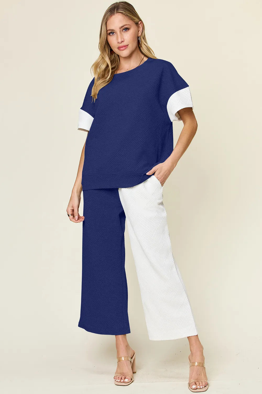 Texture Contrast T-Shirt & Wide Leg Pants Set – Chic, Comfy & Stylish