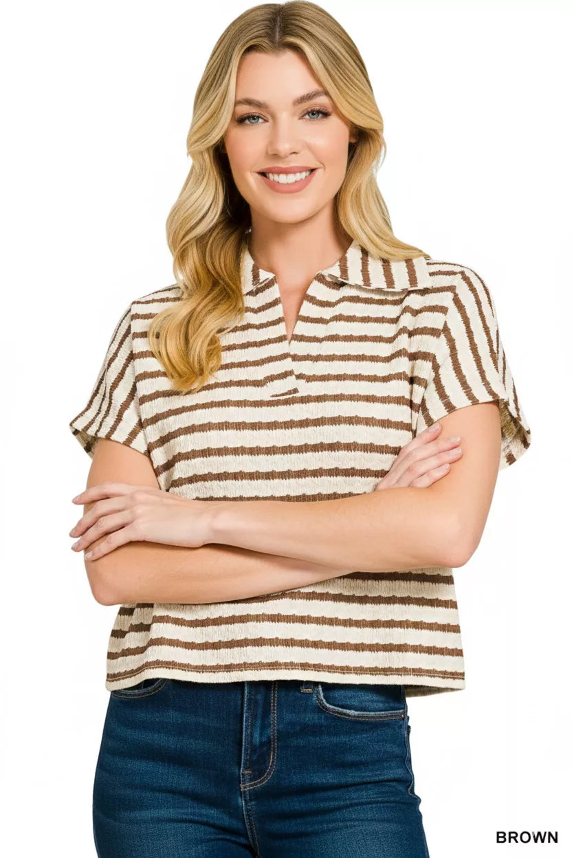 Short-sleeve striped collared top with split neckline and button detail, brown/cream