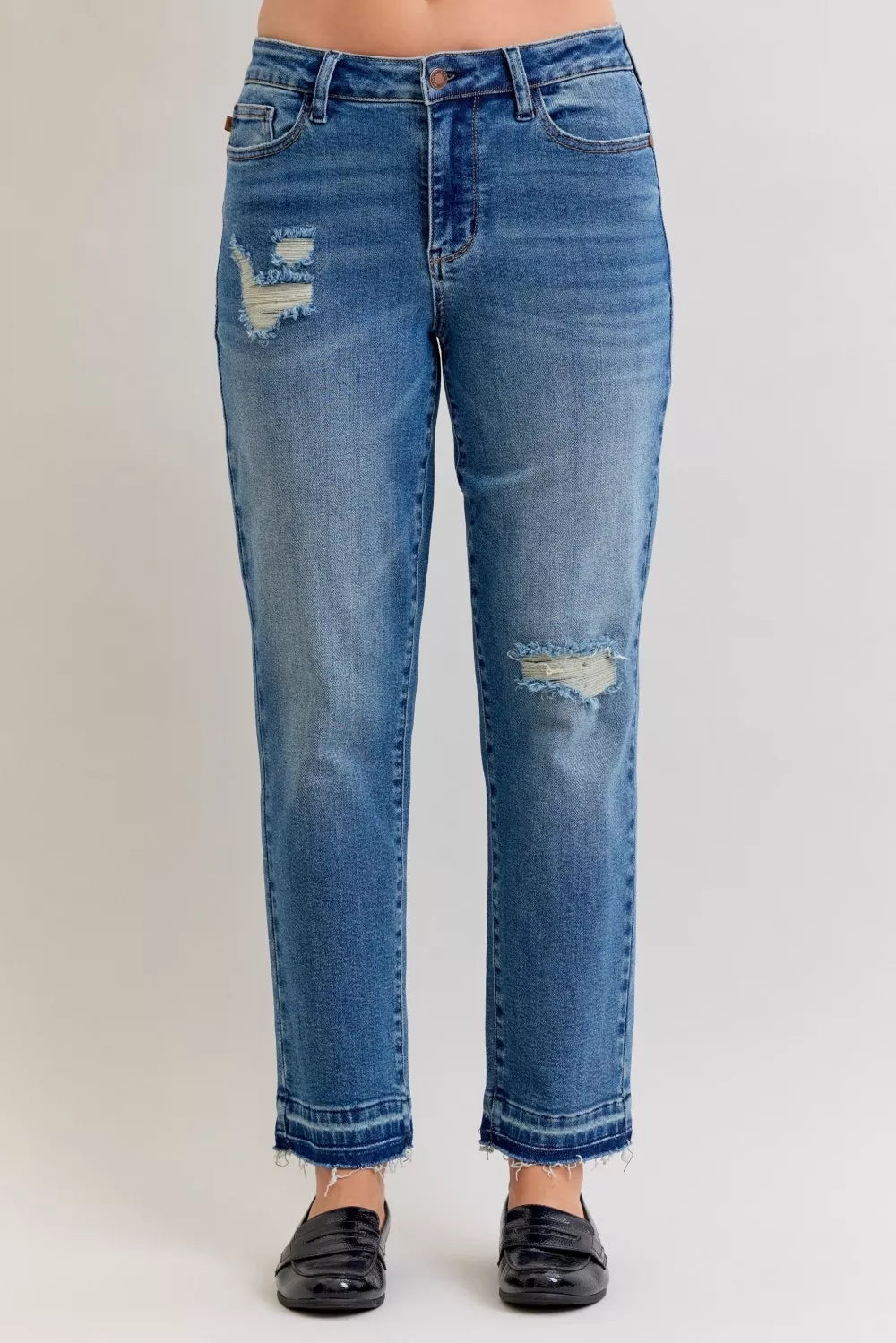 Judy Blue Mid Rise Boyfriend Patch & Repair Jeans – Edgy Denim Style