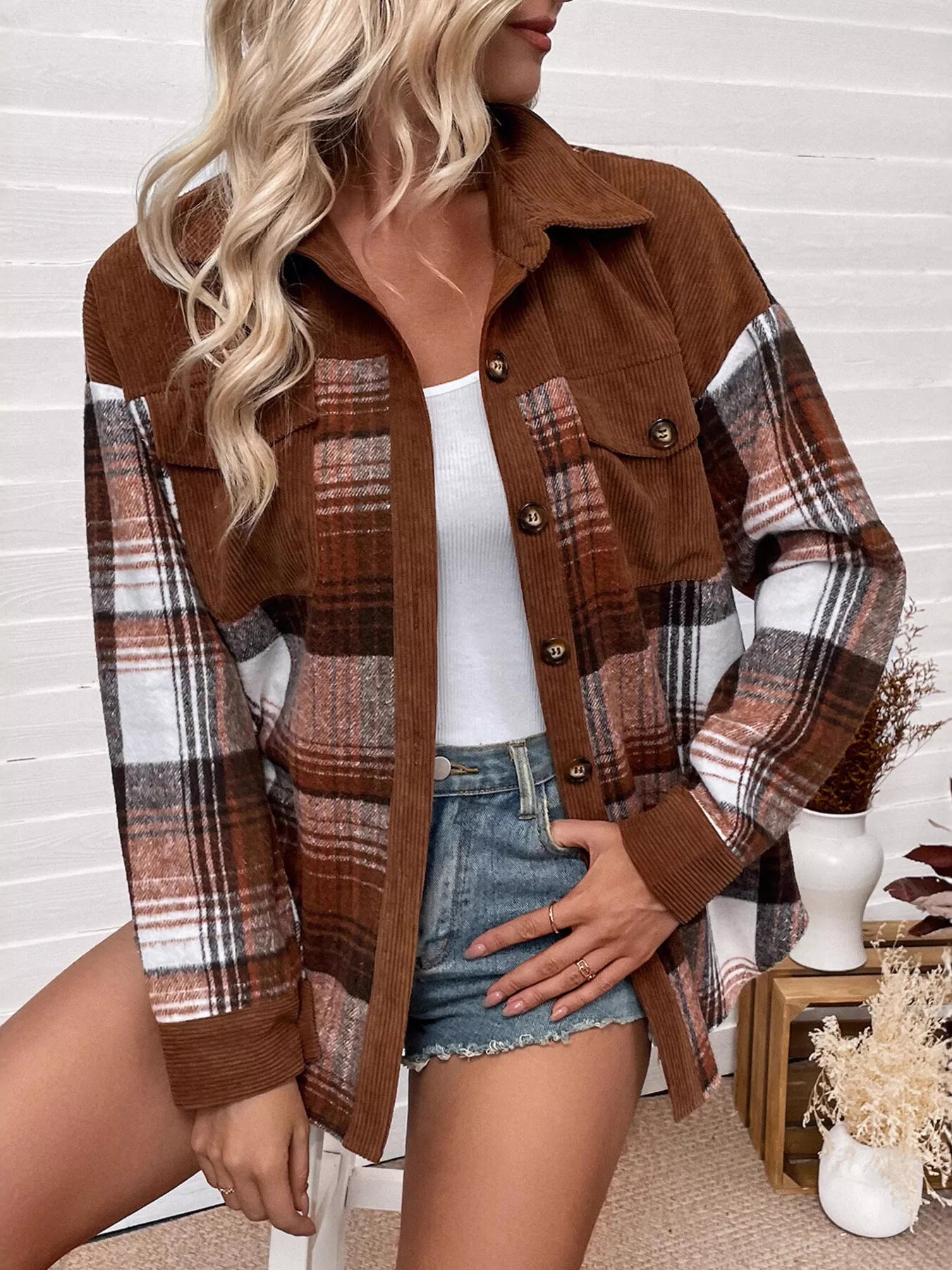 Plaid Button-Up Shacket with Chest Pockets – Cozy Casual Layer