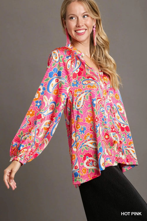Satin Paisley Shirt – Vibrant Boho Ruffle Neck Blouse