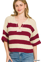 Striped ribbed knit pullover sweater, cream with cabernet red wide stripes