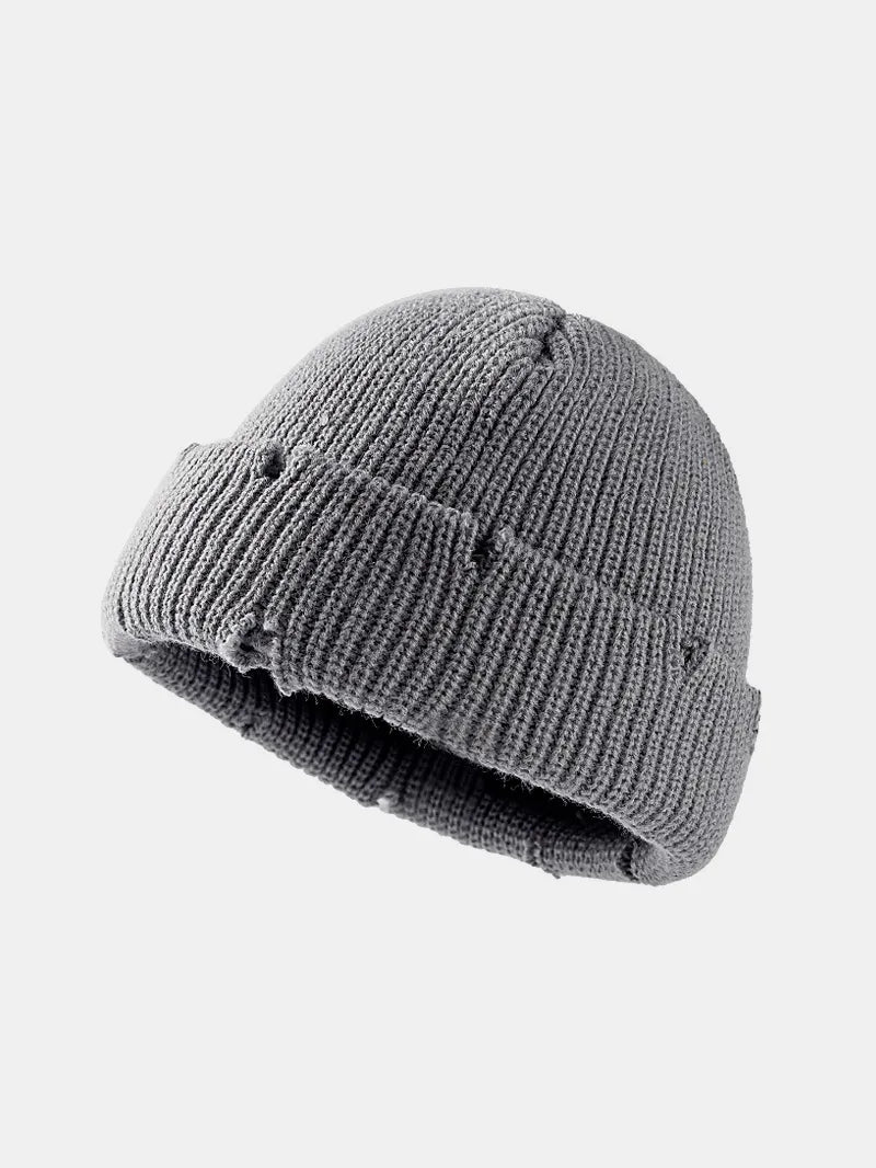 Distressed Cuffed Knit Hat – Edgy Cozy Winter Beanie