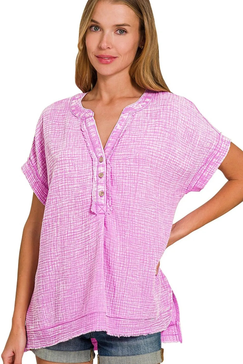Pink Cotton Gauze Blouse – V-Neck, Dolman Sleeves & High-Low Hem