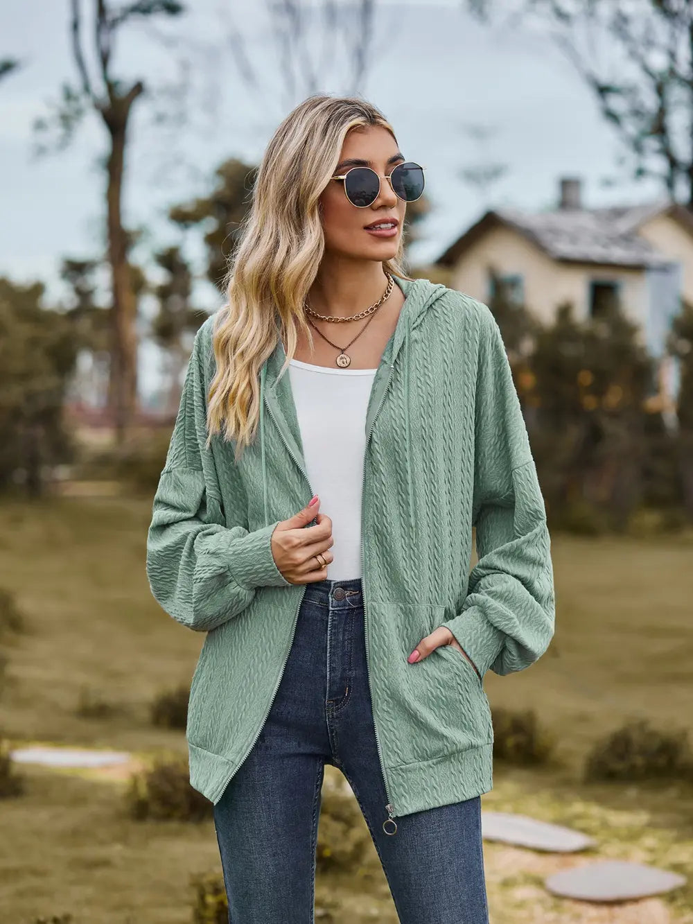 Zip Up Drawstring Long Sleeve Hooded Jacket – Casual Lightweight Layer