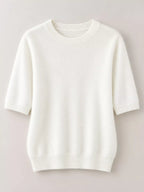White short-sleeve round-neck sweater, ribbed collar and hem (flat lay)