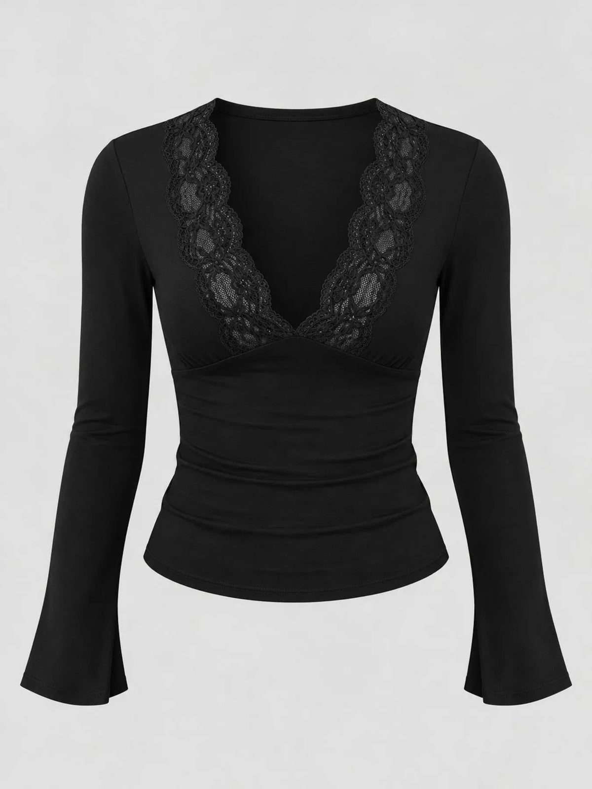 Black lace-trim V-neck long-sleeve tee with lace panel at the chest.