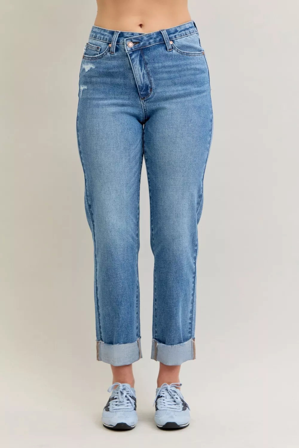 Judy Blue High Waist Criss-Cross Boyfriend Jeans – Mild Destroy Style