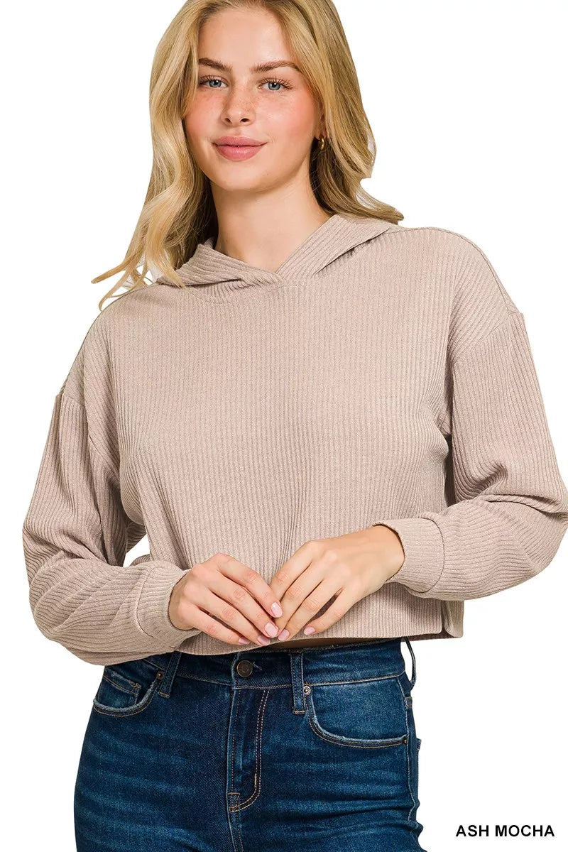 Zenana Drop Shoulder Ribbed Crop Hoodie – Trendy Cozy Streetwear