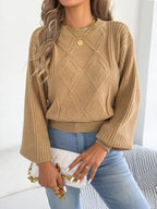 Khaki argyle knit lantern-sleeve sweater with crew neck and ribbed cuffs