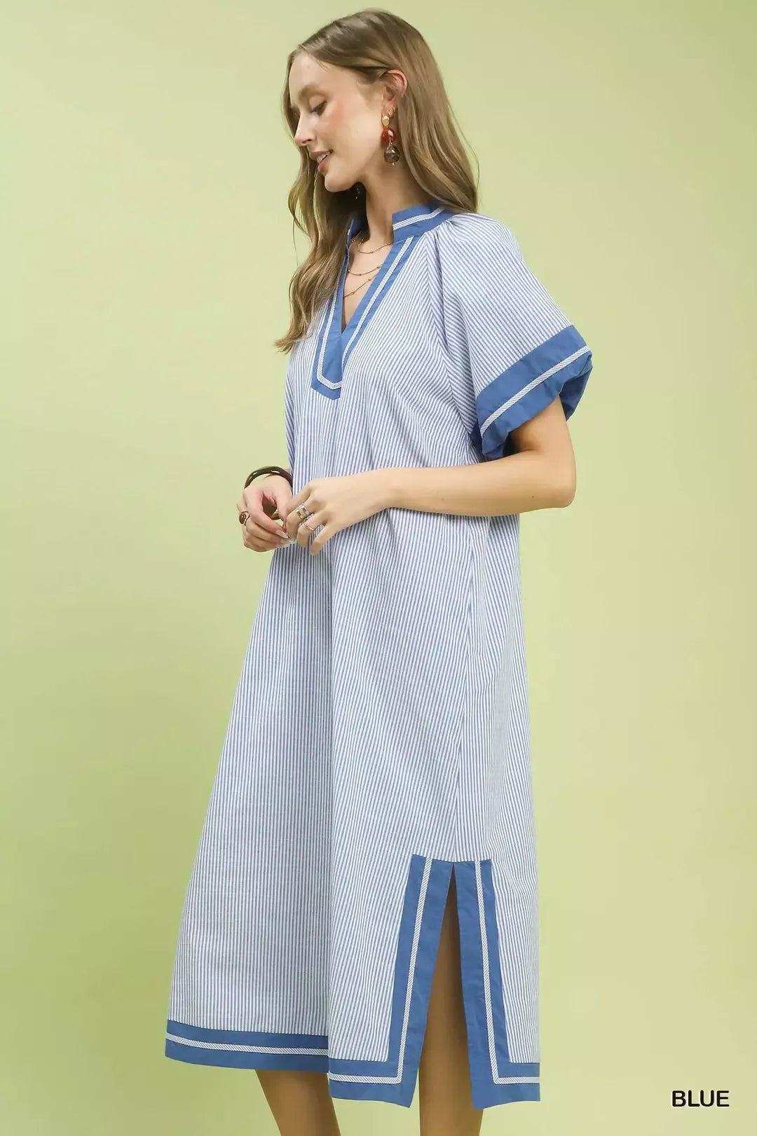 Blue pinstripe midi dress, V-neck and contrast trim, short flutter sleeves, open side seam