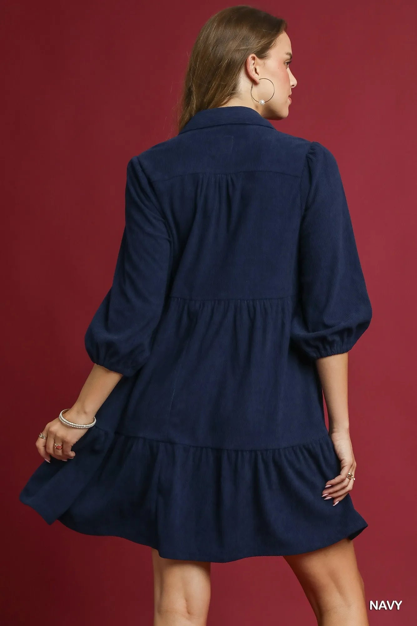Tiered Corduroy Mini Dress – Balloon Sleeve Vintage-Inspired Style