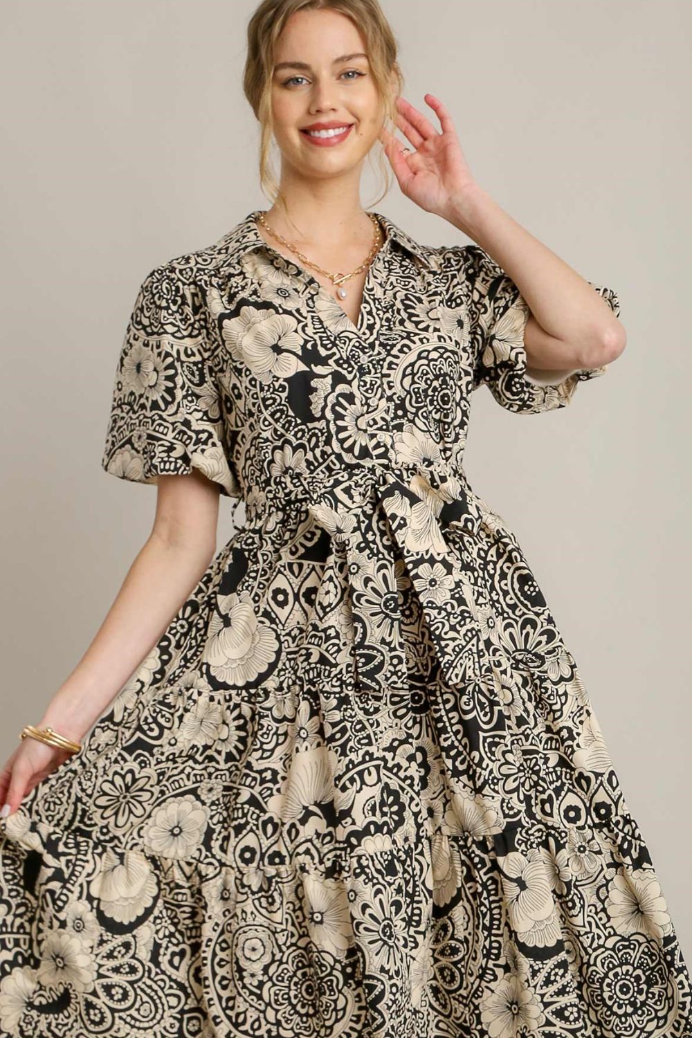 Umgee Mixed Print A-Line Tiered Midi Dress
