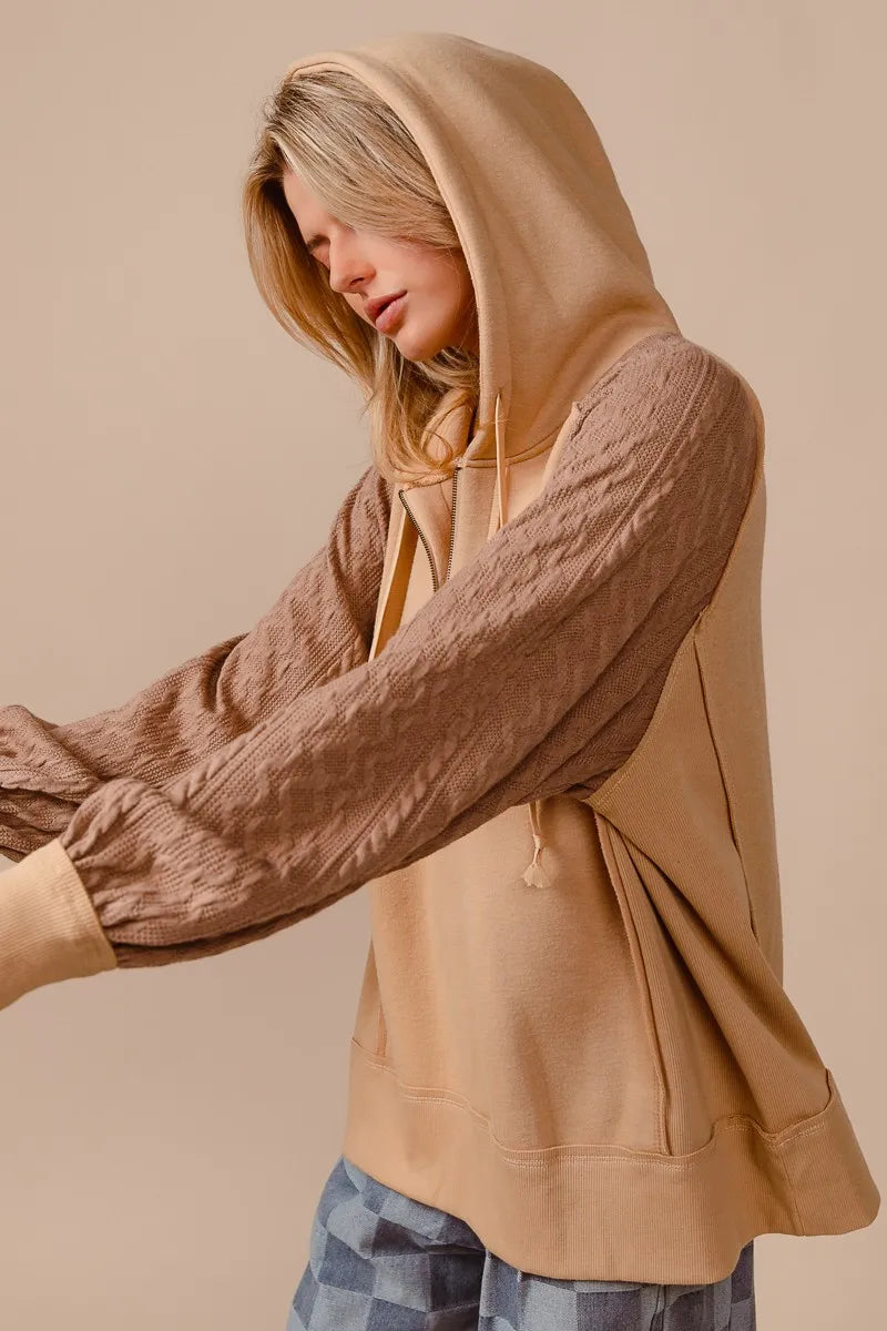 Half Zip French Terry Hoodie with Knit Sleeves