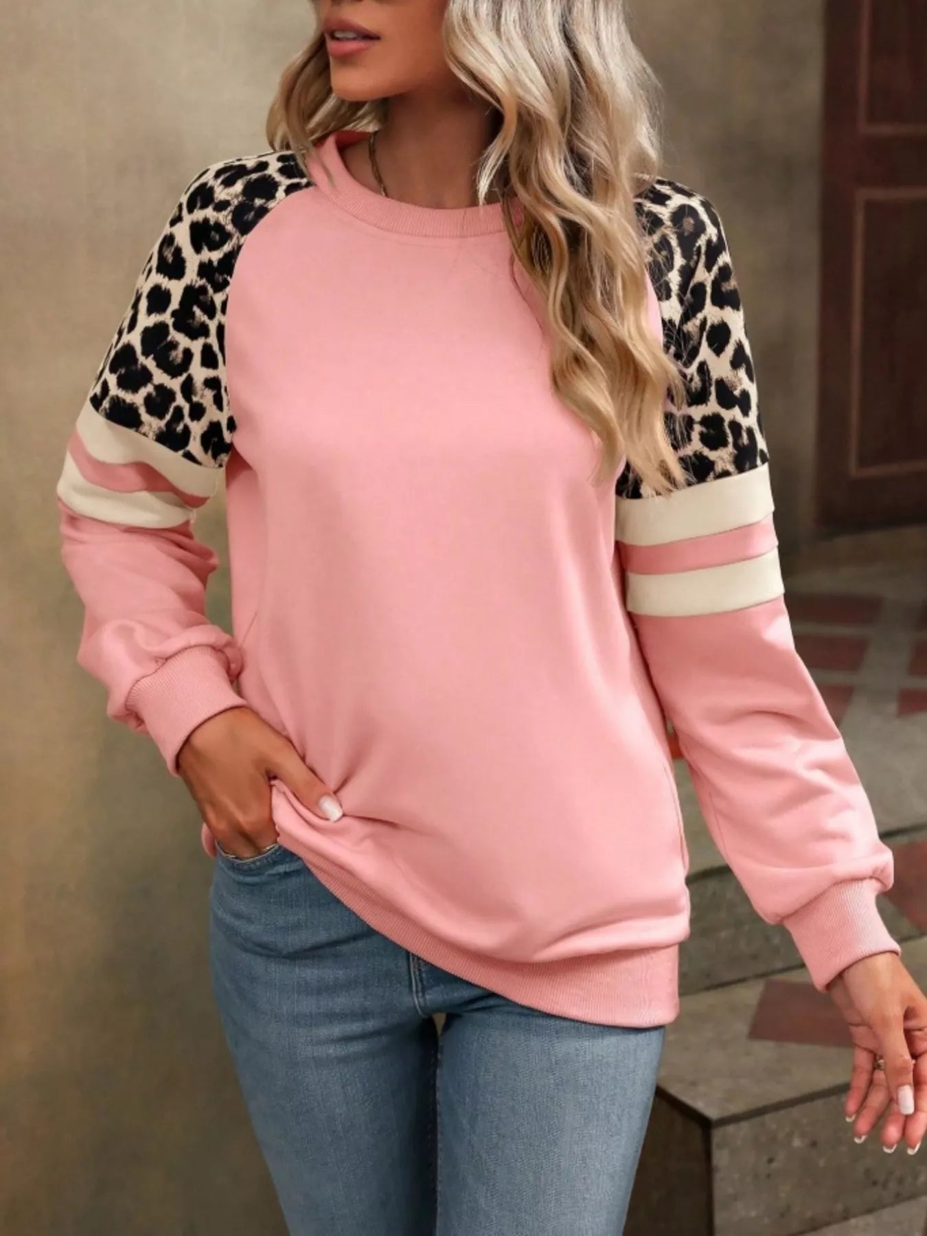 Leopard Round Neck Raglan Sleeve Sweatshirt – Trendy Casual Style