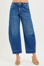 Plus size crop barrel jeans, mid rise, dark blue wash, button fly, cuffed hem