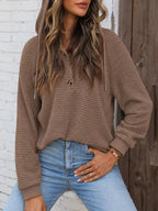 Waffle-knit button hoodie in taupe brown with hood and front button placket