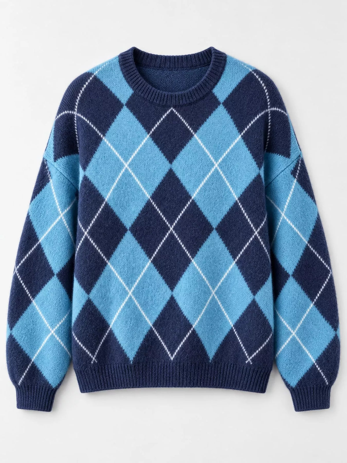 Fuzzy argyle knit sweater flat lay in sky blue and navy with white diamond pattern