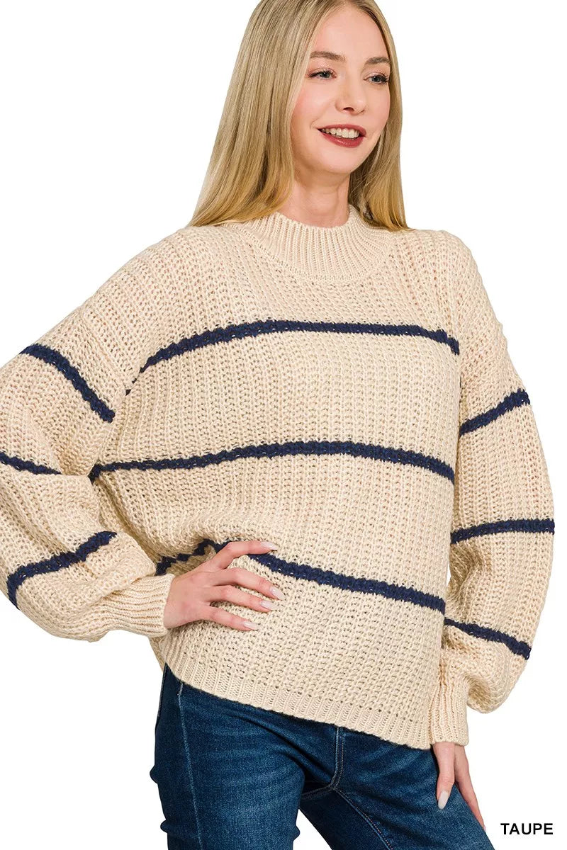 Taupe oversized knit sweater with navy horizontal stripes and ribbed crew neck