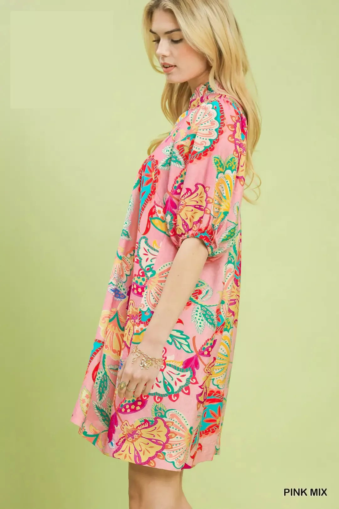 Floral print v-neck mini dress with three-quarter puff sleeves, pink mix pattern