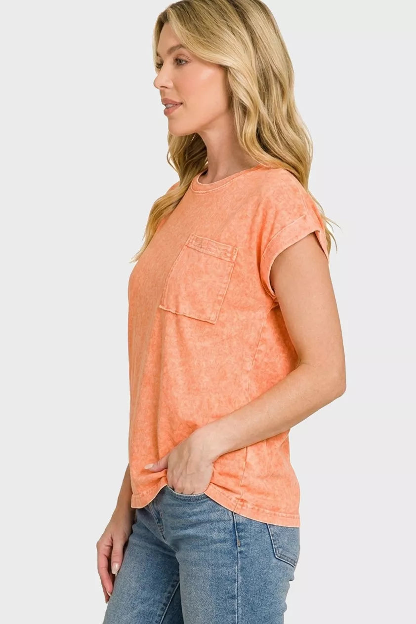 Washed orange short-sleeve tee with chest pocket, cuffed sleeves, side view