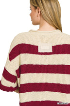 Striped ribbed knit pullover sweater, cream with cabernet red wide stripes, back view