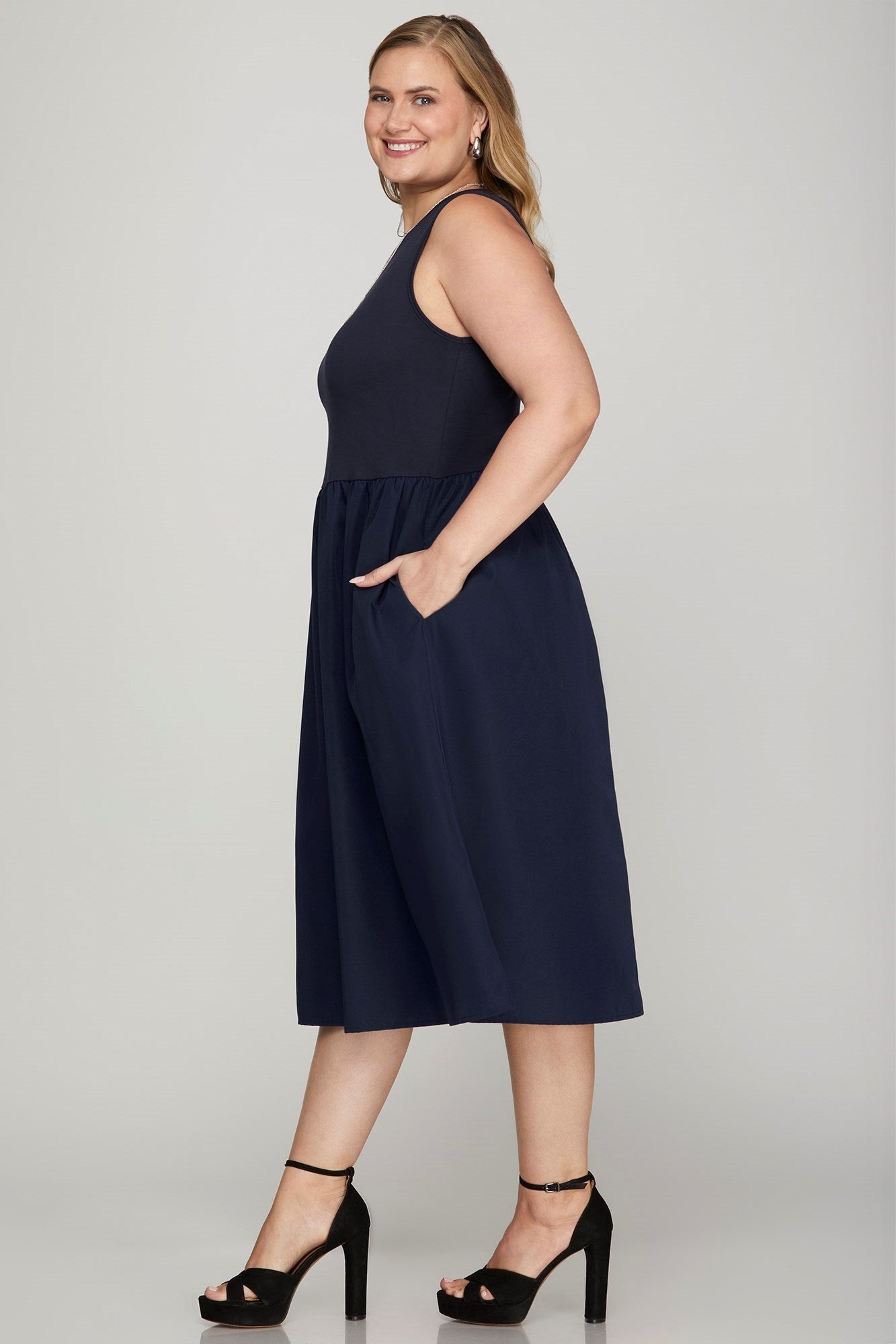 She + Sky Sleeveless Poplin Woven Midi Dress with Pockets