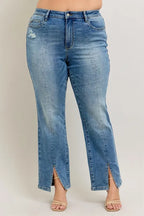 Medium blue high-waist straight jeans with front seam and side slit hem