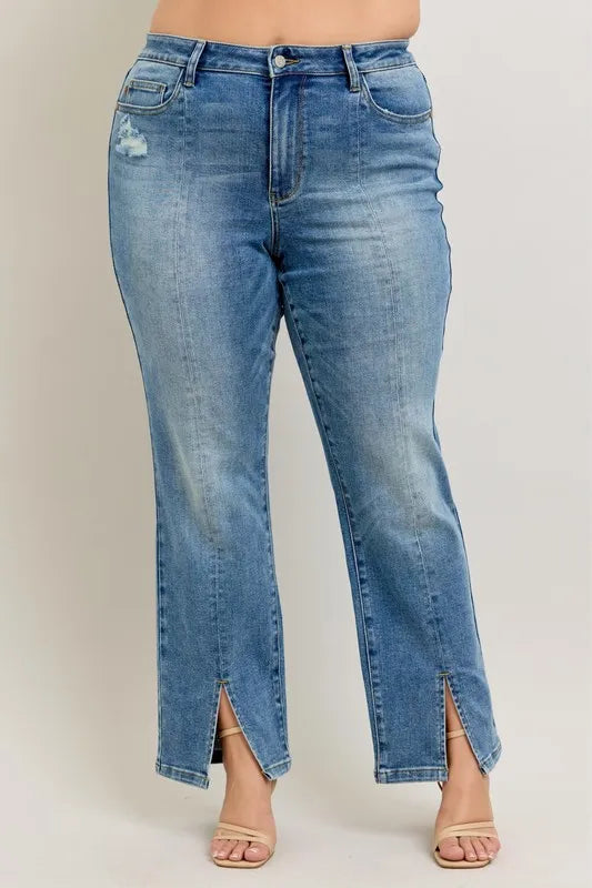 Medium blue high-waist straight jeans with front seam and side slit hem