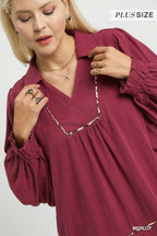Linen Scallop Hem Blouse Contrast Trim Elegant Women’s Casual Plus Top