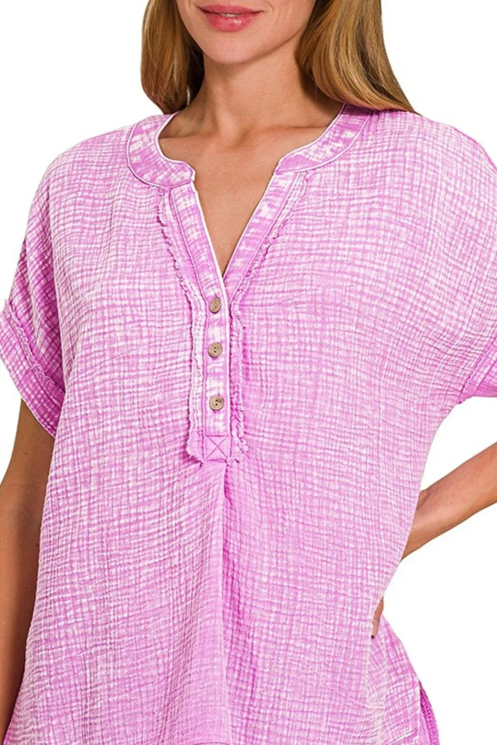Pink Cotton Gauze Blouse – V-Neck, Dolman Sleeves & High-Low Hem