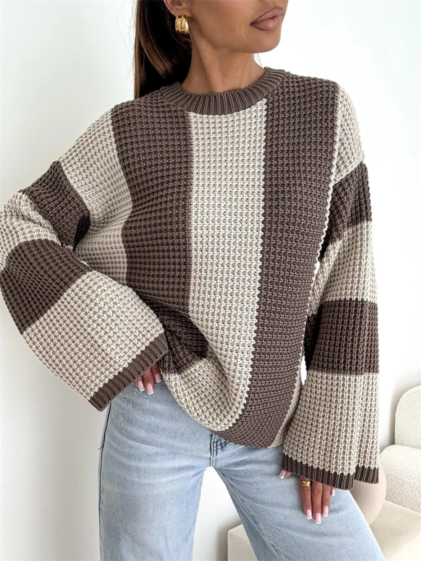 Color Block Long Sleeve Sweater – Trendy Casual Knitwear