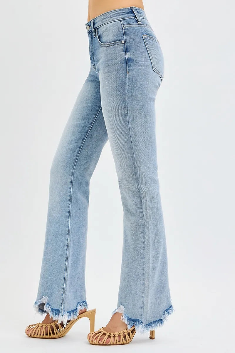 Mid Rise Flare Jeans with Tummy Control & Fray Hem | Trendy Fit