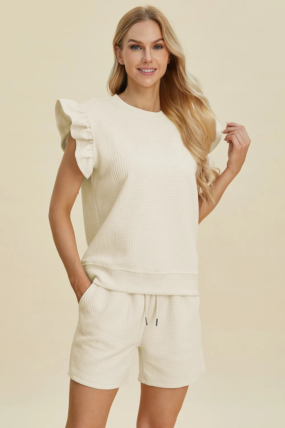 Textured Ruffle Sleeve Top & Shorts Set – Cute, Comfy & Stylish