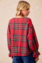 BiBi Christmas Plaid V-Neck Flounce Sleeve Jacket