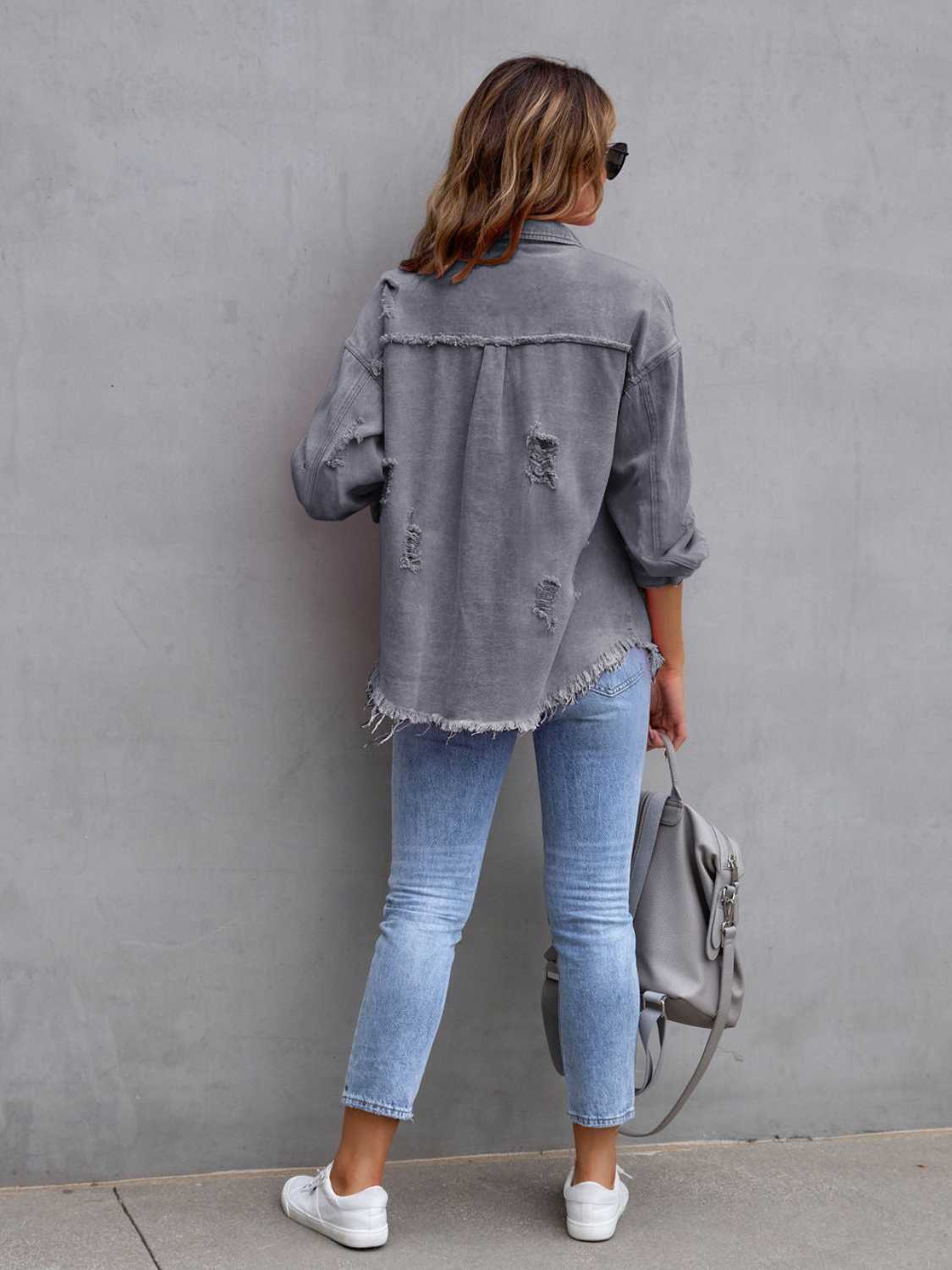 Distressed Drop Shoulder Denim Jacket – Casual Oversized Style