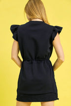 Black Ruffle Sleeve Mini Dress – Drawstring Waist & Pockets