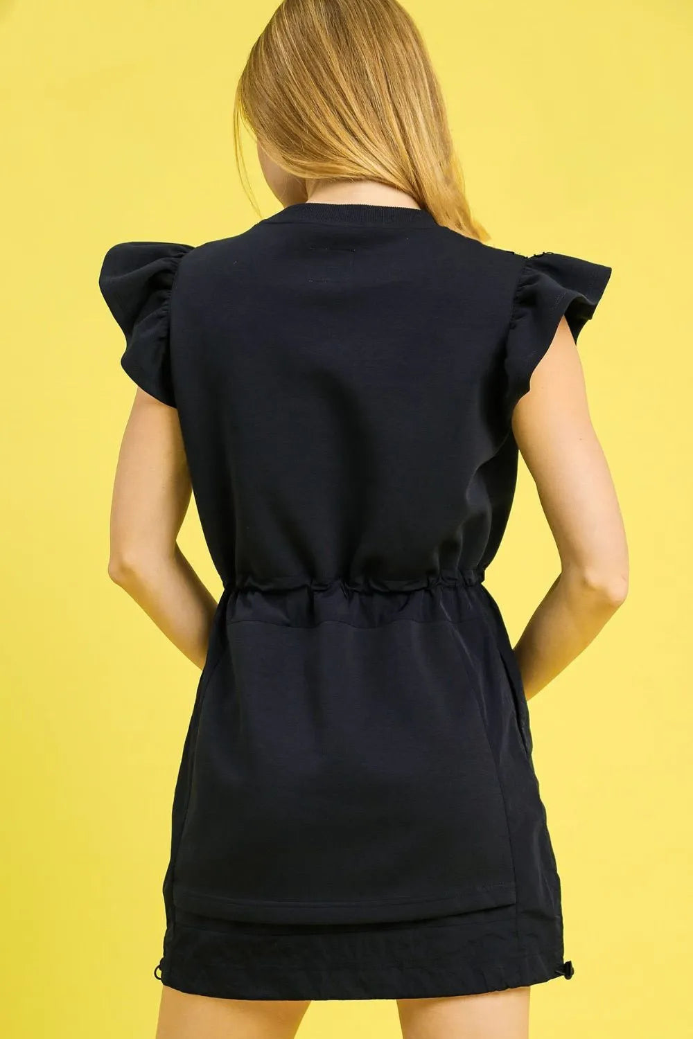 Black Ruffle Sleeve Mini Dress – Drawstring Waist & Pockets